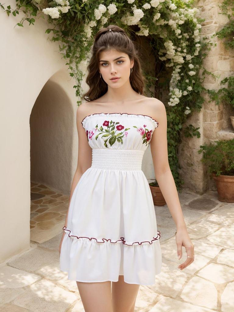 Retro Blumen-Patchwork-Tube-Top-Minikleid mit Rüschensaum für Sommer-Strandmode
