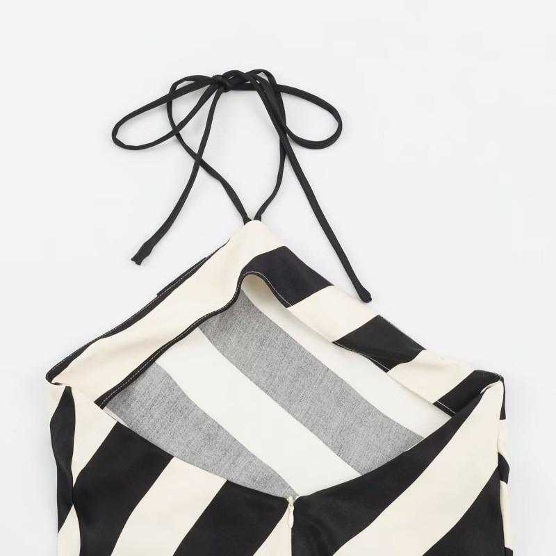 Robe Mi-longue Asymétrique à Rayures, Col Halter, Dos Nu, Sans Manches pour Femme, Tenue Décontractée Élégante