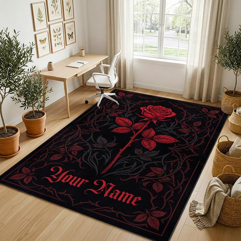 Roses Theme Soft Crystal Velvet Rug Custom Name & Text Print Non Slip Floor Rug for Bedroom Living Room