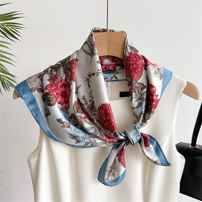 Luxury Women Silk Hijab Scarf Bandana Wrap Flower Designer Square Scarves Neckerchief Shawl Kerchief Hair Band Foulard