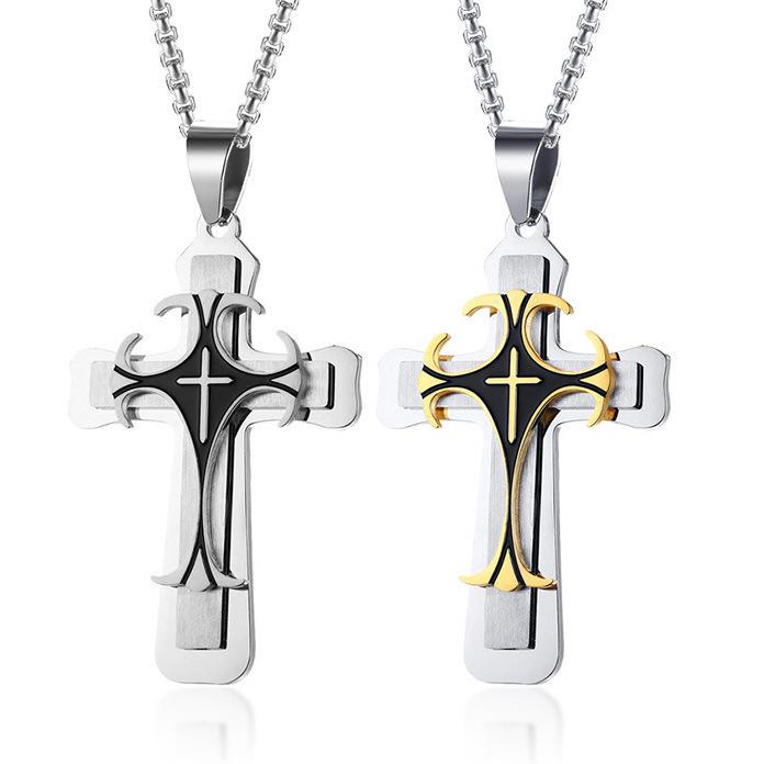 2026 Collana a Pendente Multistrato con Croce in Acciaio Inossidabile alla Moda in Stile Retro Europeo e Americano