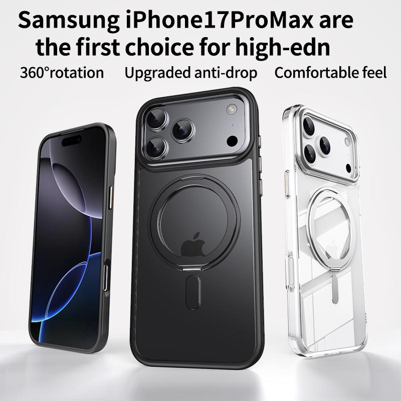 360 Rotating Bracket Transparent Magnetic Case for IPhone 17 Pro Max 16 Plus 15 14 13 12 11 Comfortable Grip Shockproof Cover