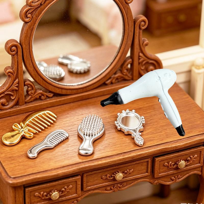 5Pcs 1:12 Mini Hair Styling Set Hair Dryer Comb Mirror Doll Accessories Pretend Play Vanity Table Miniature Dollhouse Home Decor