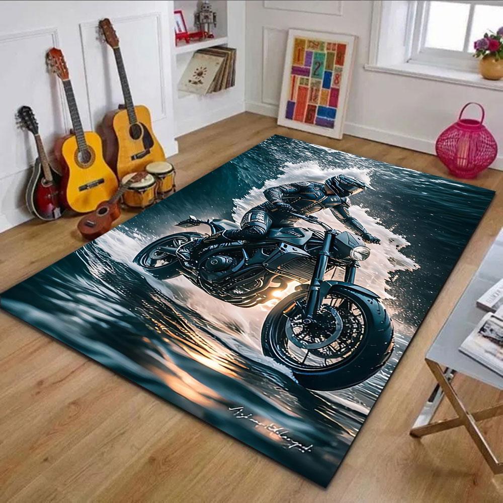 "Rider On Motorcycle Over Ocean Waves" Patterned Carpet, Non Slip Mat Suitable for Living Room and Bedroom Sofas