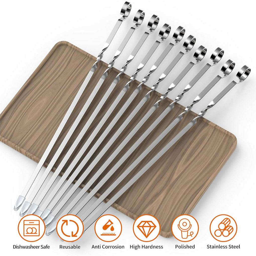 10pcs BBQ Skewers Stainless Barbecue Sticks Flat Cooking Skewers