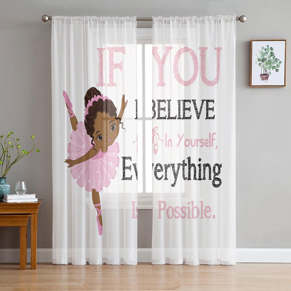 Ballet Dancer Girl Pink Flower Sheer Drapes Window Curtains for Living Room Bedroom Home Decor Cherry Blossoms Chiffon Curtain