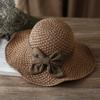 Vintage Breathable Braided Straw Hat with Bow UV Protection Beach Cap Foldable Wide Brim Round Top Hat Resort Wear