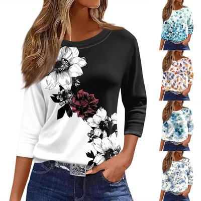 Women's T Shirt Print 3/4 Sleeve Daily Weekend Fashion Basic Round Neck Regular Top