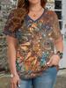 Ethnische Stil Blumen T-Shirts 3D Druck Sommer Damen V-Ausschnitt Kurzarm T-Shirt Y2k Harajuku Tees Lässige Oberteile Damenbekleidung