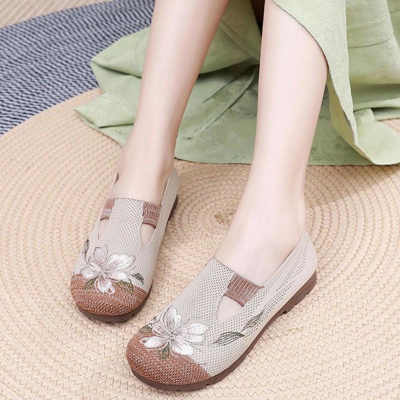 Women’s breathable slip-on shoes lady casual lightweight embroidered shoes elastic tie soft comfortable non slip shoes