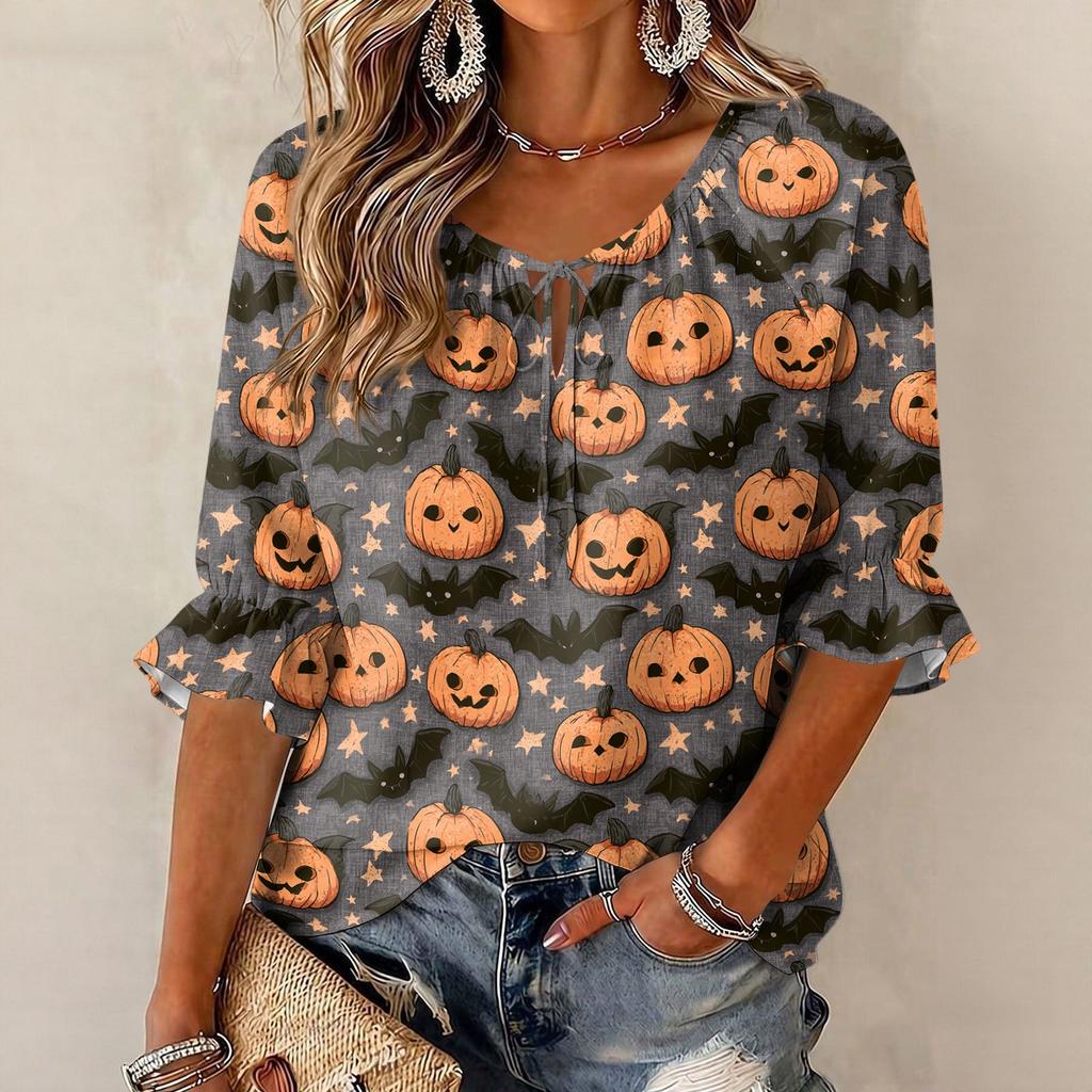Women's Halloween Print Round Neck Tie Front Ruffle Blouse Three-Quarter Sleeves