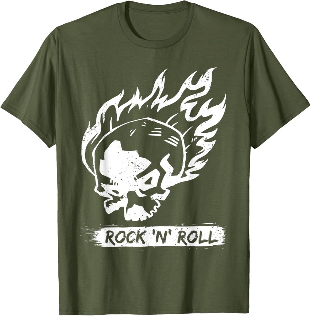 Flaming Skull Rock N Roll Graphic Tee Casual Cotton Short Sleeve TShirt