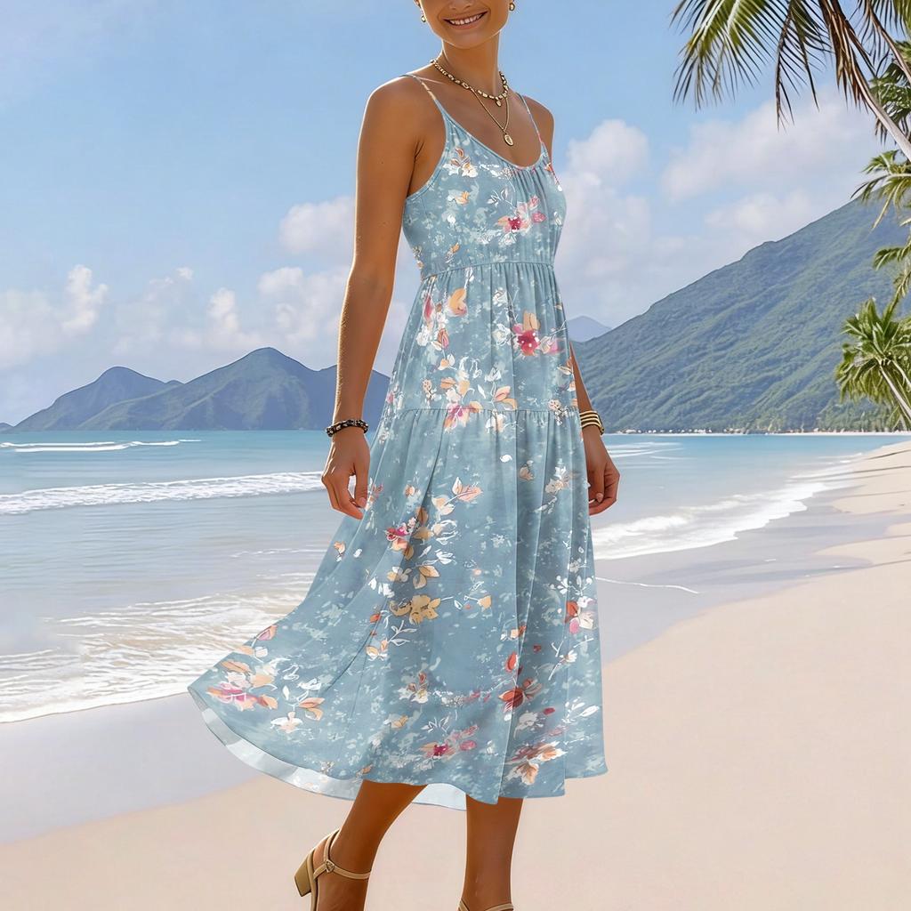 Sleeveless Printed Maxi Dress with Adjustable Spaghetti Straps Lightweight Flowing Fabric Bohemian Style