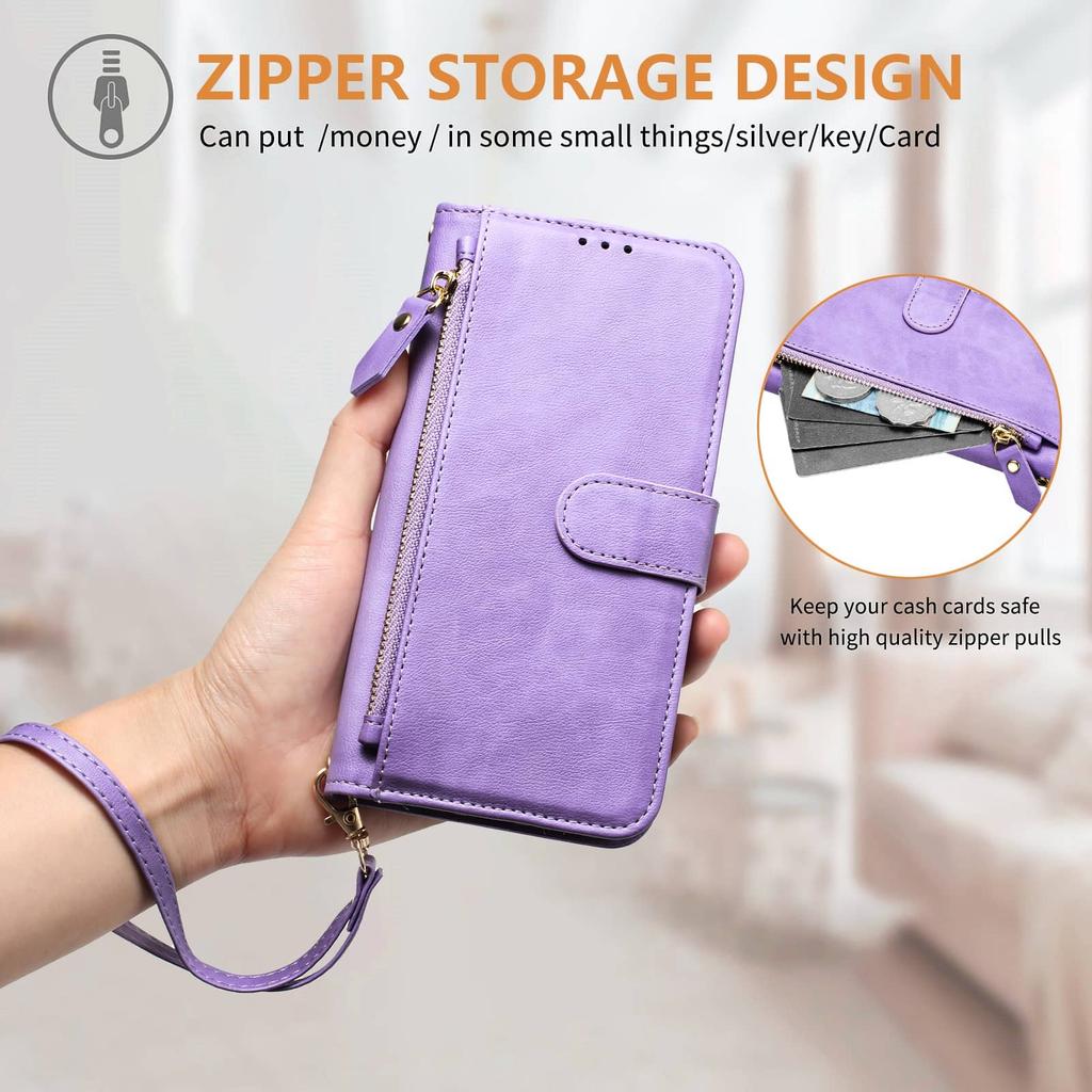 For Samsung Galaxy A15 A16 A25 A26 A32 A36 A53 A56 A73 Wallet Case with Card Slot Zipper Flip Folio with Lanyard Strap Kickstand
