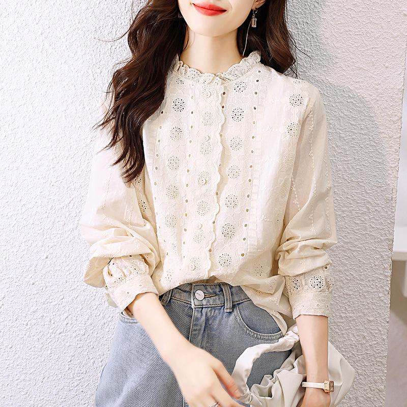 Apricot Women's Long Sleeve Shirt with Lace Trim Collar and Embroidered Flowers - Spring 2025 Design