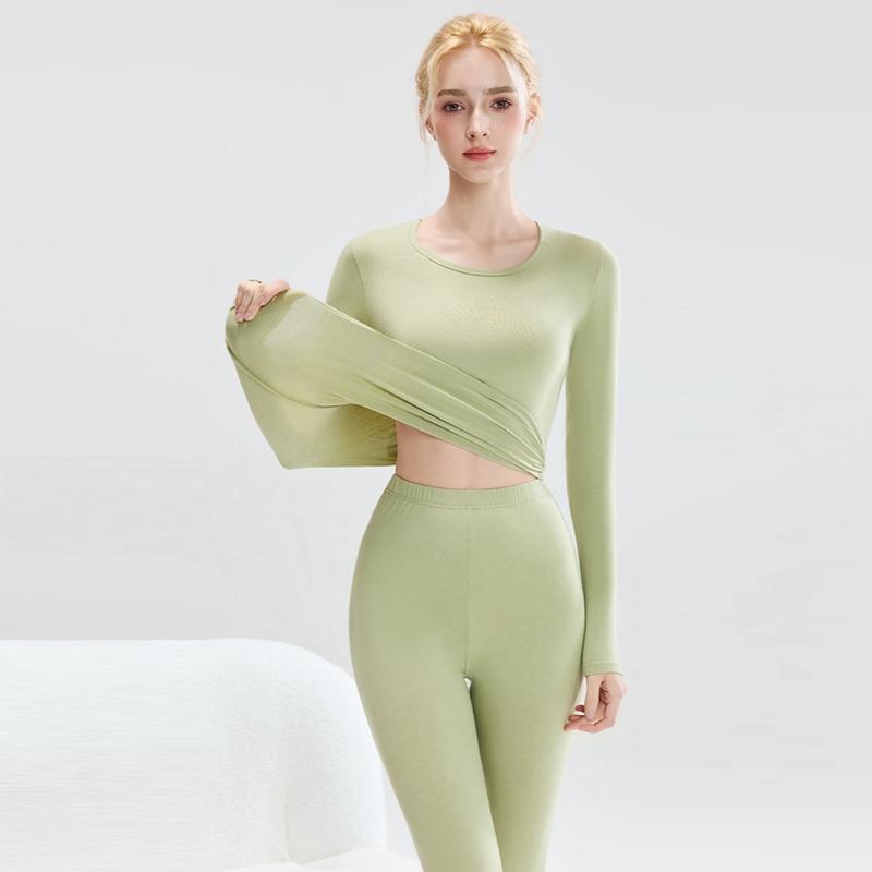 Women Autumn and Winter Solid Color Crew Neck Thermal Underwear Set