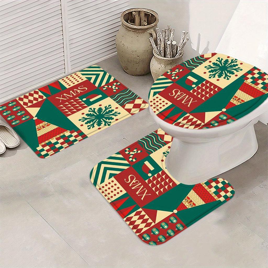 Christmas Merry Christmas 4pcs Winter Decoration Shower Curtain Set with 12 Hooks, Waterproof Shower Curtain, Non-Slip Bath Ma
