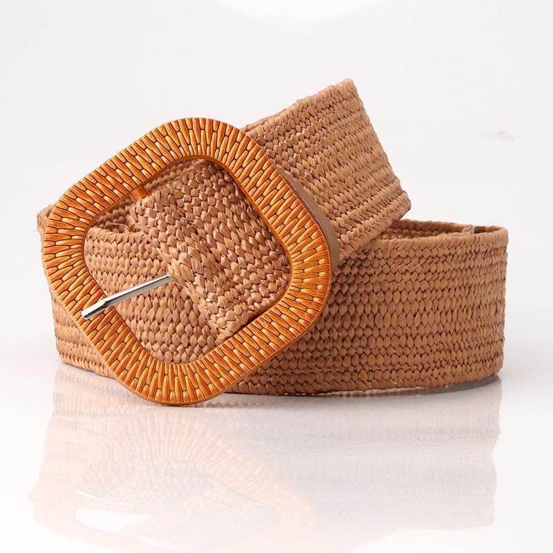 Women's Wide Round Buckle Elastic Belt - Cotton & Linen, Straw Style, Mori Girl Fashion.