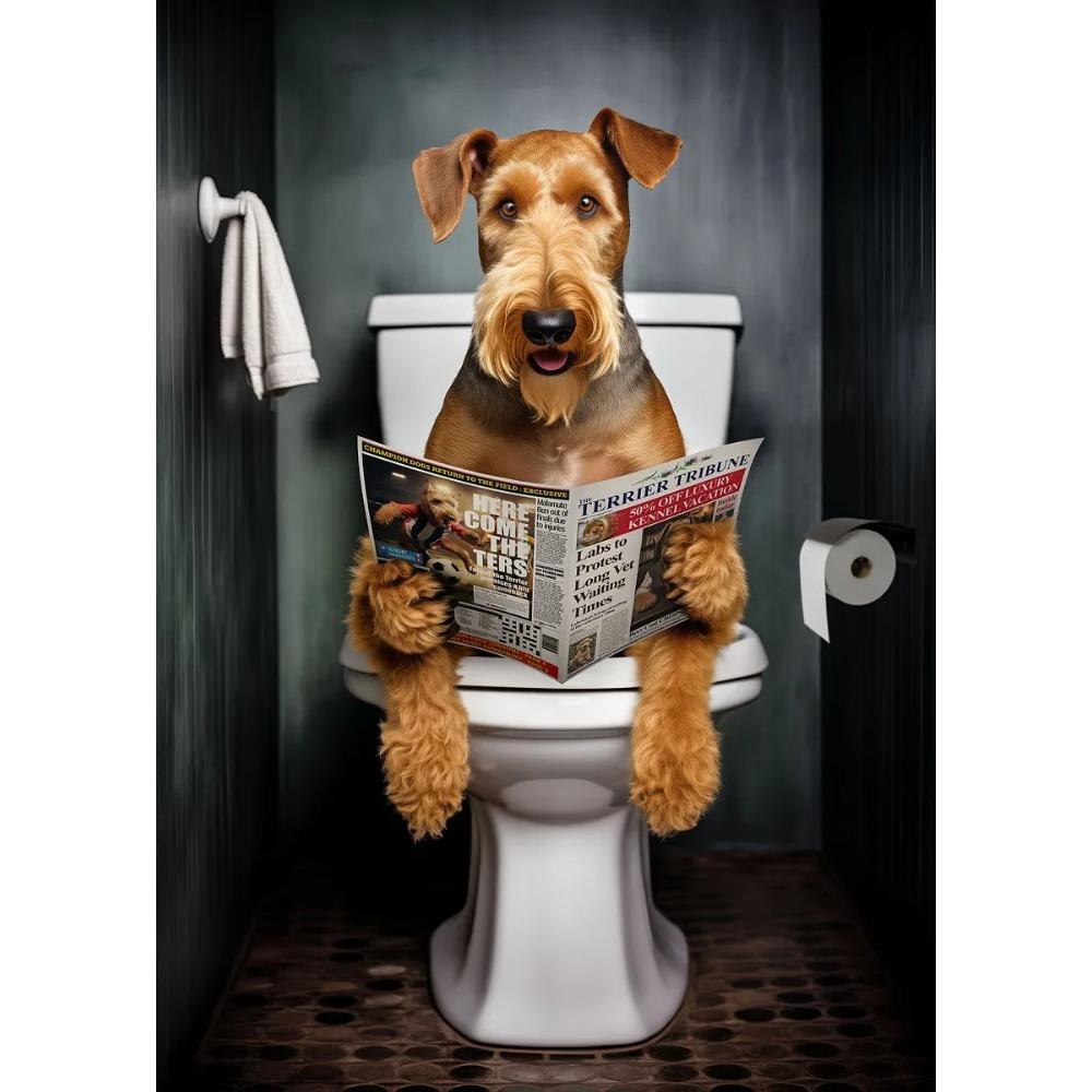 Funny Bathroom Poster Dog Reading Newspaper On Toilet Prints Pet Owner Gift Canvas Painting Wall Art Picture Home Bathroom Decor