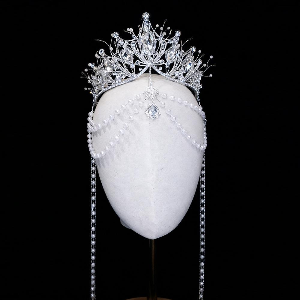 Princess Rhinestone Crown with Pearl Tassels - Virgin Mary Tiara for Bridal & Photography