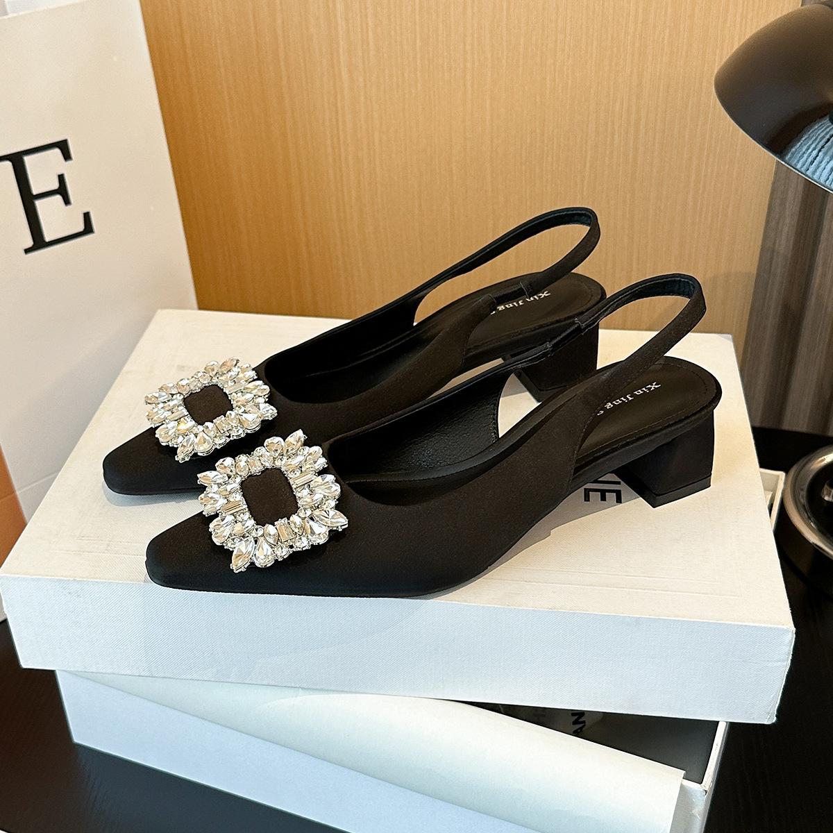 

579-3 French thick heel baotou rhinestone single shoes female new fairy wind single shoes square buckle back strap medium heel women s shoes 35 чёрный