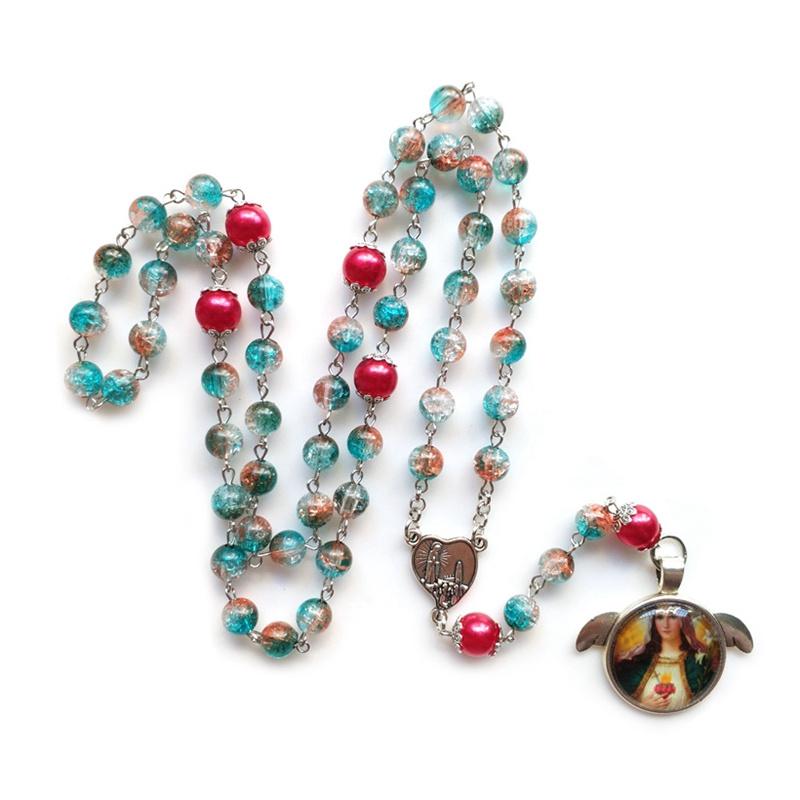 Vintage Virgin Pendant Rosary Necklace Long Catholic Cross Religious Pray Jewelry Our Lady Virgin Mary Y-Necklace Jesus Christ Medal Jewelry Gift