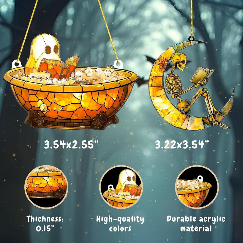 Halloween Ghost Reading Book Suncatcher Hanging Decor Acrylic Window Decor Colorful Shadow Home Decorations