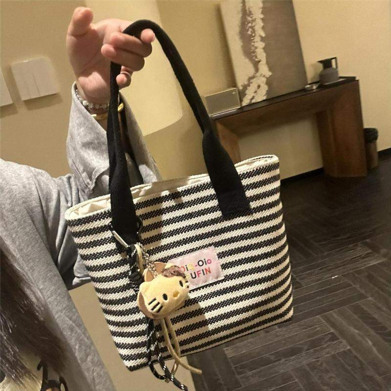Fashiable Striped Canvas Tote Bag for Women Lightweight Durable Commuter Bag Relaxed Texture and Simple Design Handle Bag