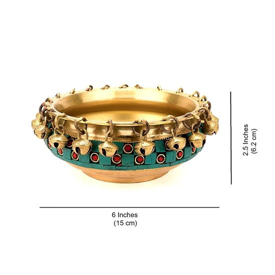 Two Moustaches 100% Pure Brass Ethnic Traditional Bowl with Bells, Gemstone Work, Material Brass, Pack of 1