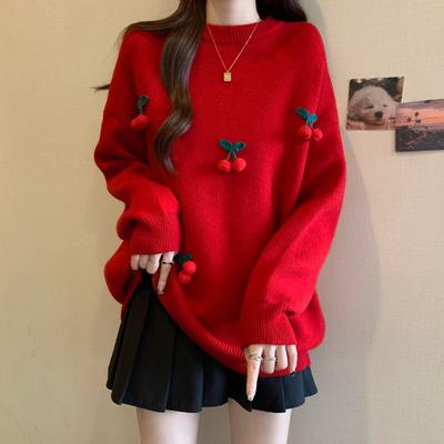 Damen 3D Kirsche Dekopullover Koreanisch Sanft Rundhals Einfarbig Pullover Winter Modisch Bequem Damen Pullover Top