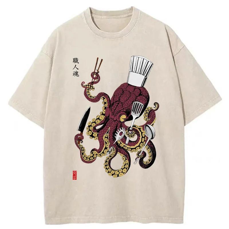 Japanese Style Octopus Chef Washed T-Shirt Summer Short Sleeve O-Neck Tees Casual Loose Holiday Oversized Chic Tunics
