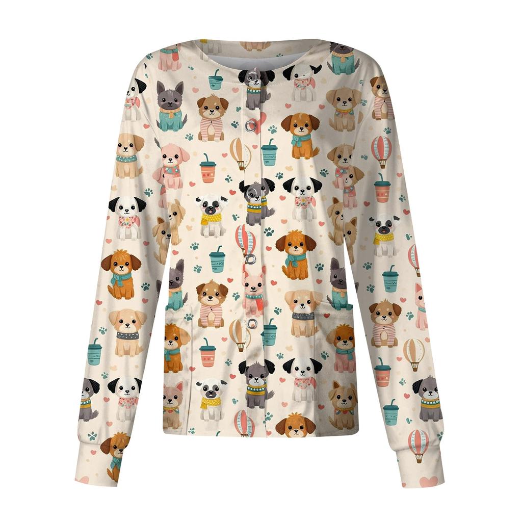 Women Long Sleeve Button Front Cardigan Animal Print Work Shirt Lightweight Casual Cover Up Top for Healthcare and Daily Wear
