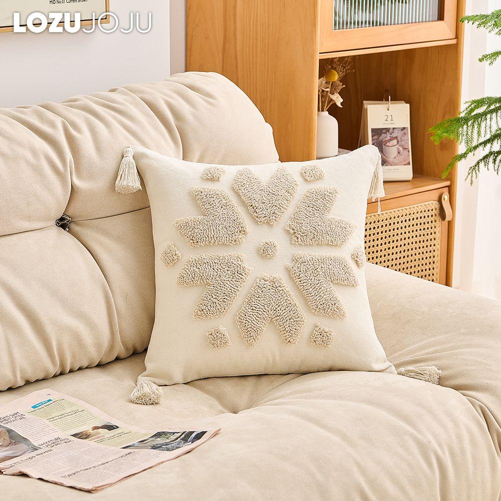 1PC LOZUJOJU Beige Soft Cushion Cover Bohemian Tassel Style Tufted Embroidered Pillowcase for Sofa Living Room Bedroom Home Decor