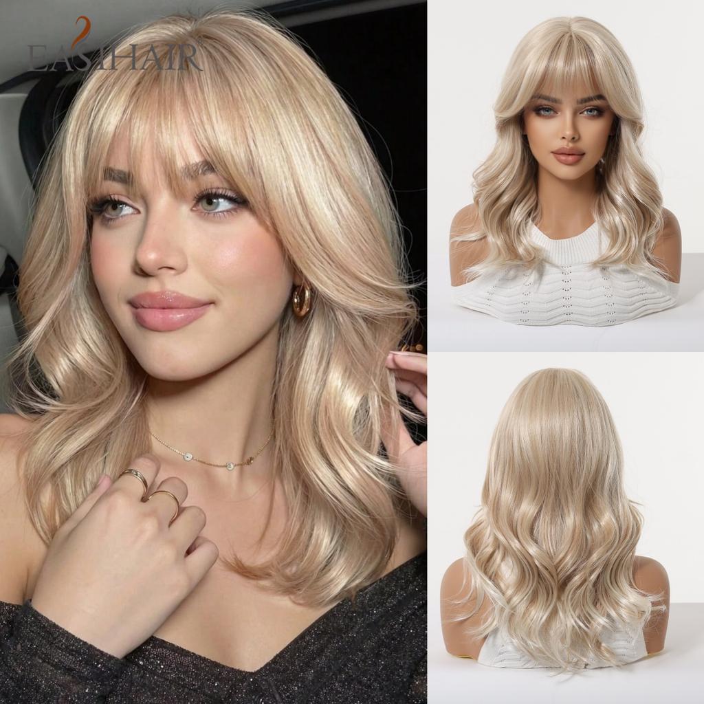 16inch Long Blonde Body Wavy Synthetic Wigs with Bangs for Women Heat Resistant Natural Hairs Wig for Daily Cosplay Party Wear