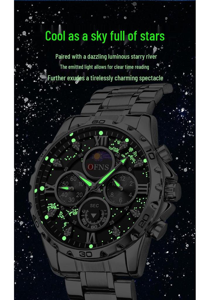 OFNS Men's Six-Hand Multifunctional Waterproof Quartz Watch with Large Dial and Steel Strap