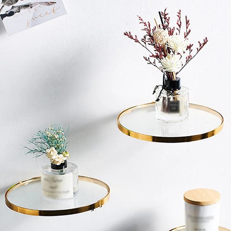 Round Wall Hanging Iron & Glass Crafts Gold Shelf Light Luxury Ornaments Modern Style Home Decor Accessories Wall Holders Decor