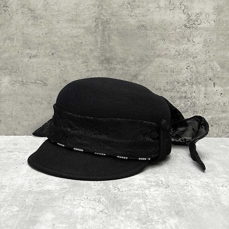 French Retro Hepburn Style White Top Hat Ladies Temperament Socialite Lace Bow Woolen Equestrian Hat