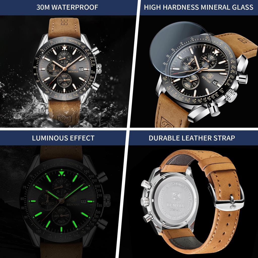 BY BENYAR Chronograph Analog 30M Wasserdicht Lederarmband Quarz Geschenk für Erhältlich in und Schwarz Herrenuhr, Widerstandsfähig, Schlicht, Stilvoll, Beliebt, Formell,