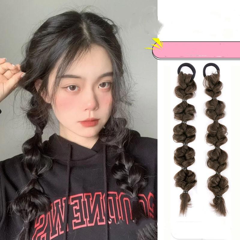 2 Pcs/set Synthetic Bubble Twist Ponytail High Elastic Wig Women Hair Side Natural Lantern Wig Braid Black Tail Hairpiece