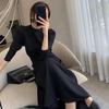 Women's Black Long-Sleeve Korean-Style Swing Dress - 2023 Spring/Autumn Waist-Slimming Skirt