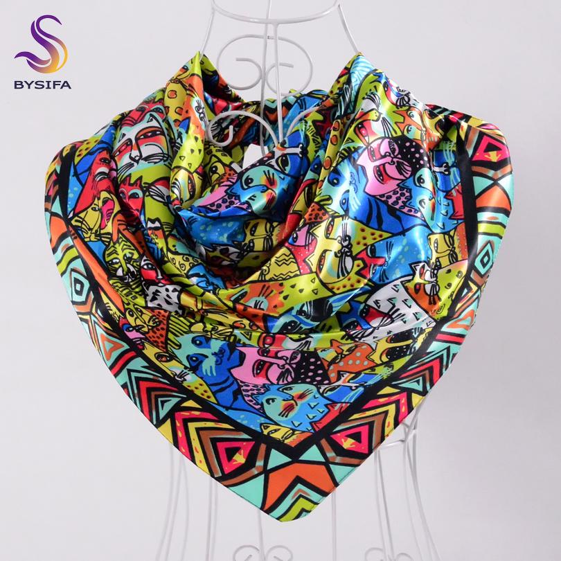 [BYSIFA] Navy Blue Chinese Roses Large Square Scarves New Female Elegant Large Silk Scarf Fashion Ladies Accessories 90*90cm