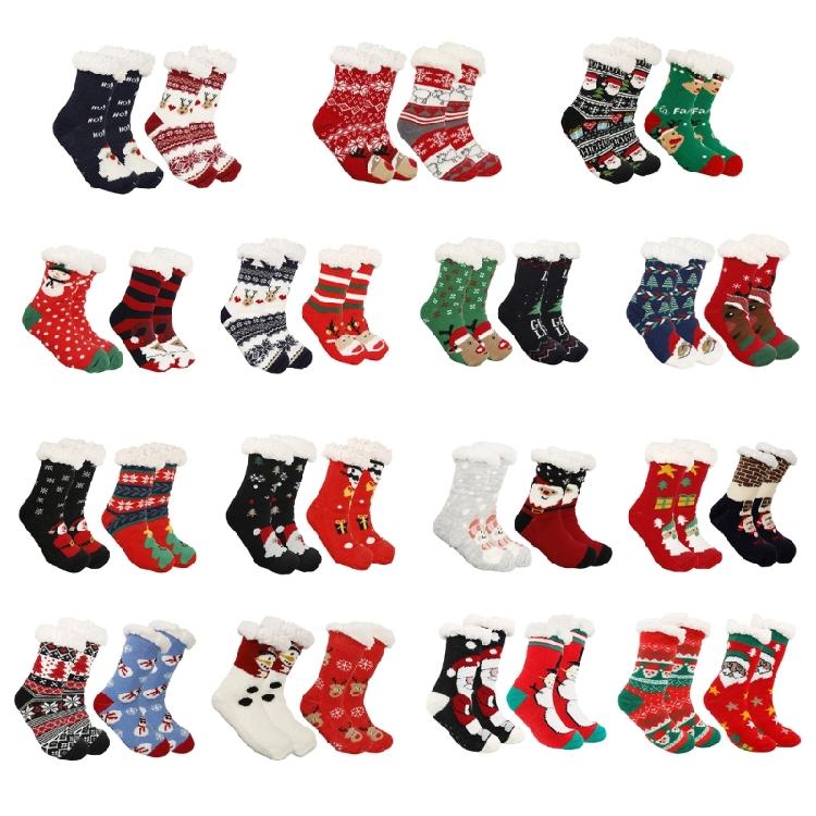 2 Pairs Winter Fuzzy Slipper Socks Nonslip for Women Soft Warm Themral Fleece Lining Knitted Thick Christmas Stockings