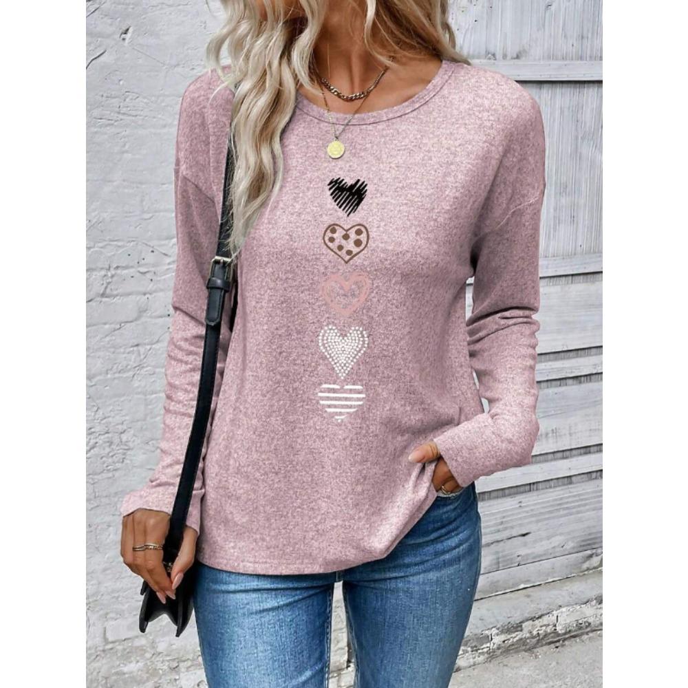 Top da Donna Stampa Cuori Girocollo Manica Lunga T-shirt Autunno Casual Slim Pullover Top a Manica Lunga da Donna