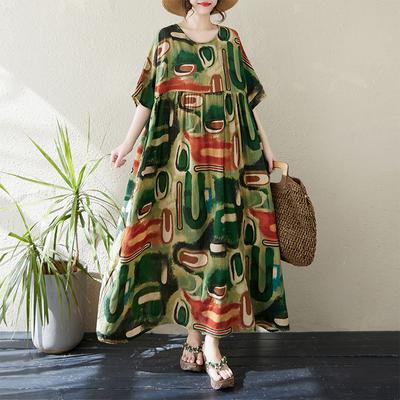 DIMANAF 2024 Φόρεμα Μεγάλο Μέγεθος Νέο Καλοκαιρινό Βασικό Χαλαρό Γυναικείο Λαιμόκοψη Ο Vintage Κοντομάνικο Μεγάλο Μέγεθος Παραλίας Μακρύ Φόρεμα