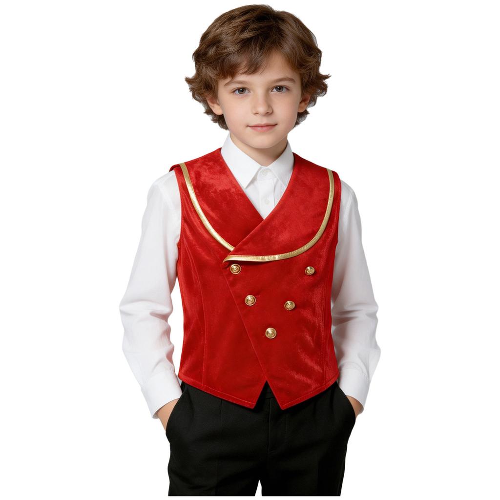 Boys Gothic Medieval Velvet Waistcoat Metallic Trim Lapel Collar Sleeveless Button Irregular Hem for Halloween Stage Theme Party