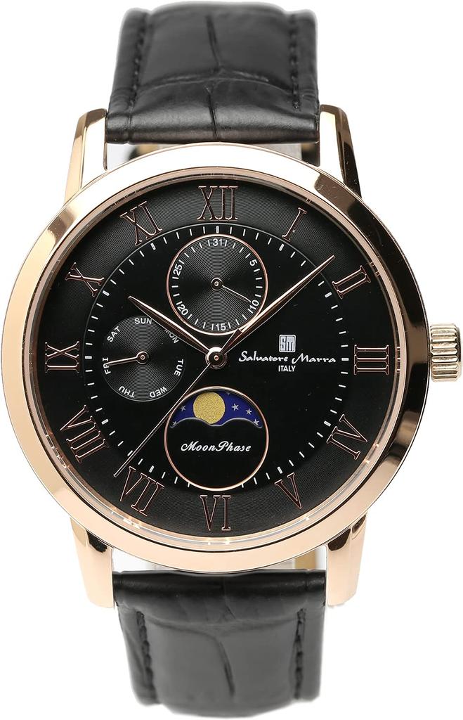 Salvatore Marra Moon Phase 5 ATM Water Leather Limited Black or Pink Men's Multi-Calendar Watch, Resistant, Strap, Edition, Gold, SM21106-PGBK