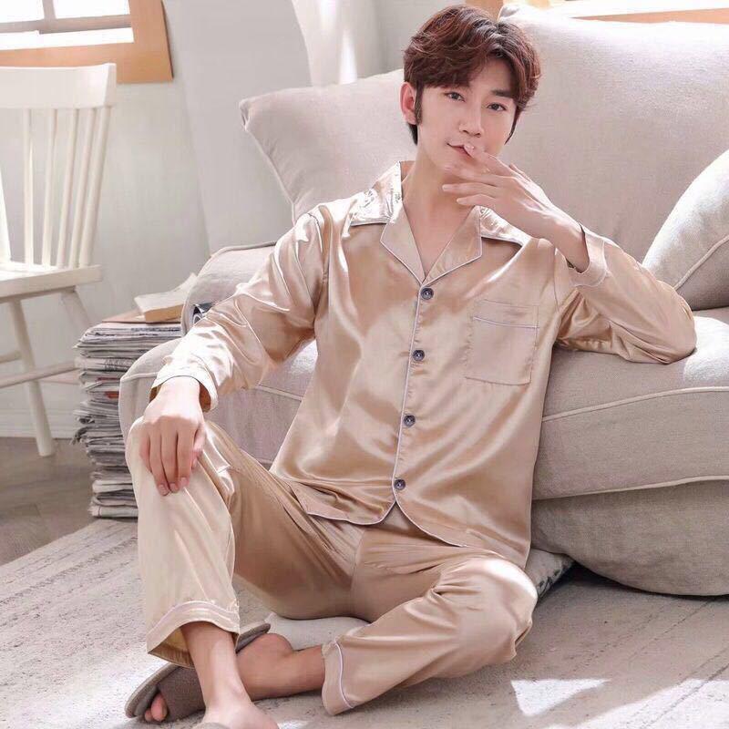 Men's Ice Silk Long-Sleeve Pajama Set - Thin & Breathable, Plus Size, for Spring & Autumn
