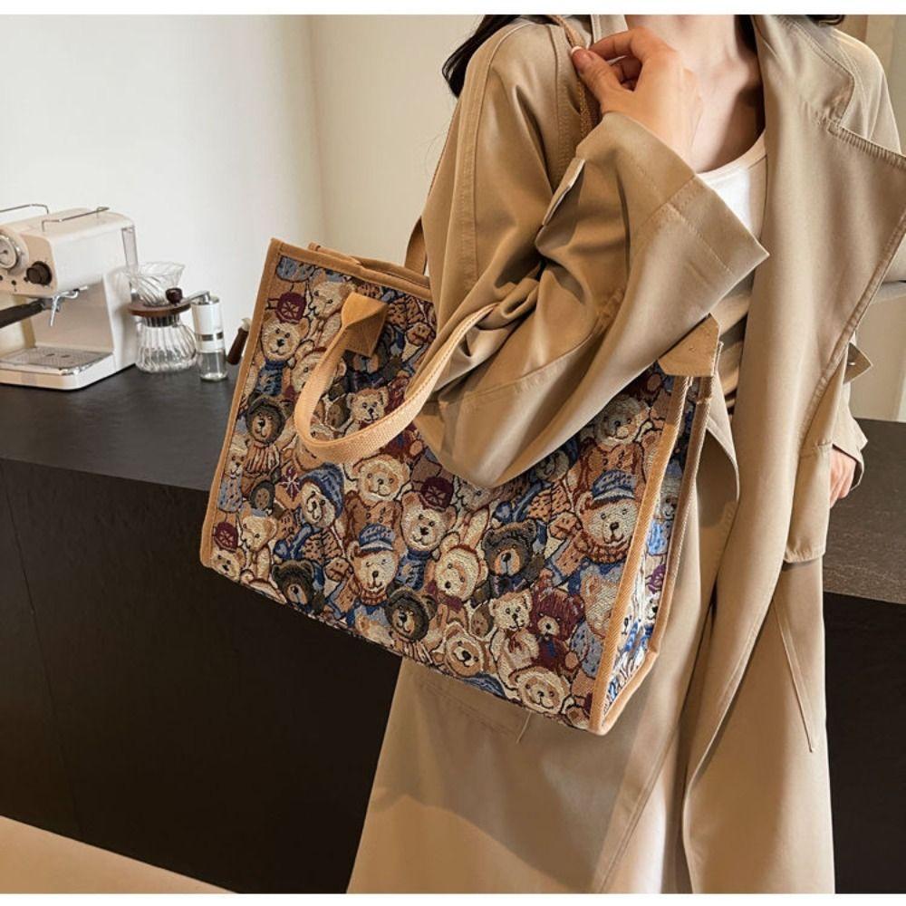 Convenient Portable Handbag Cartoon Bear Embroidered Casual Shoulder Bag Large Capacity Tote Bag