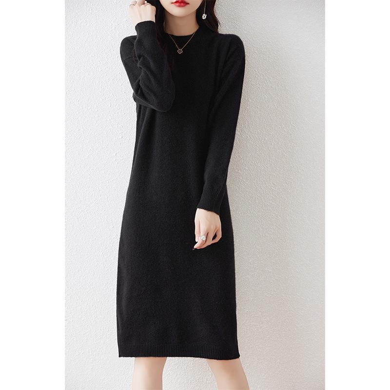 Women's Long Wool Knitted Dress - Over-the-Knee, Semi-High Neck, Loose Fit for Autumn/Winter