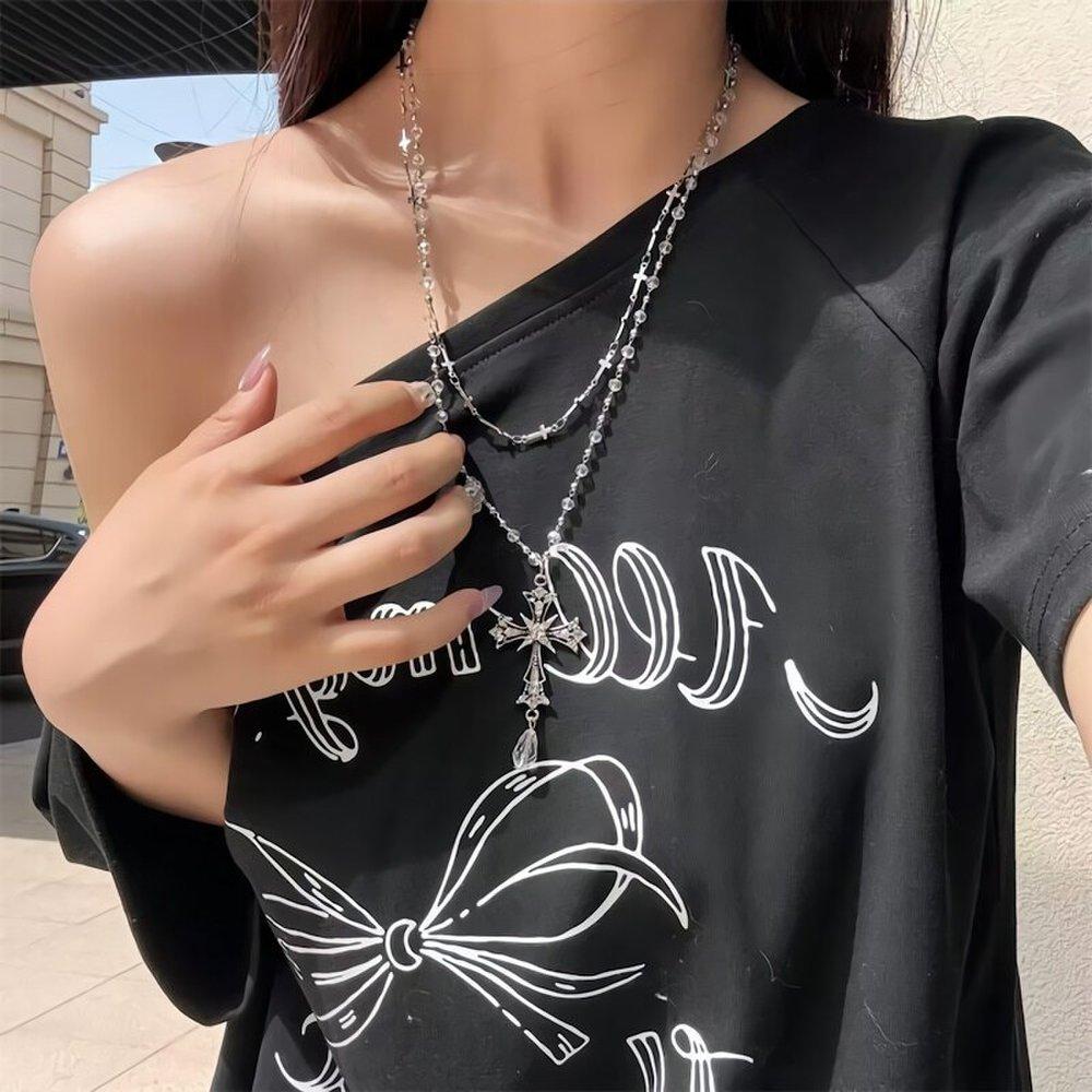 Women's Cross Cubic Bead Double Layered Necklace